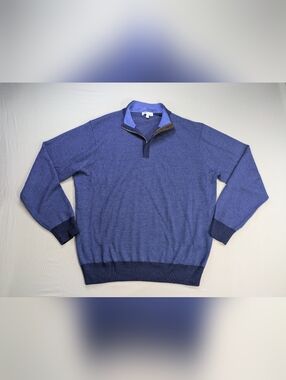 Peter Millar Needle Stripe Sweater Merino Wool Mens L Blue 1/4 Zip MF18S63 $245